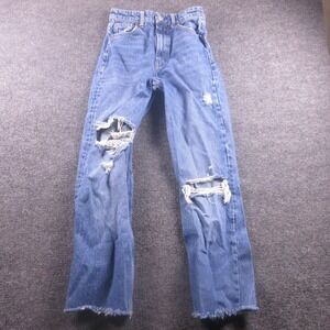 Zara Jeans Womens 4 Blue Distressed Straight Leg Denim Raw Hem High Rise